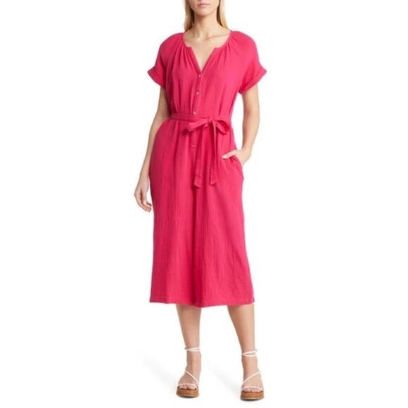 Tommy Bahama Coral Isle Belted Cotton Jumpsuit Crop Wide Leg Size Large - Picture 12 of 13